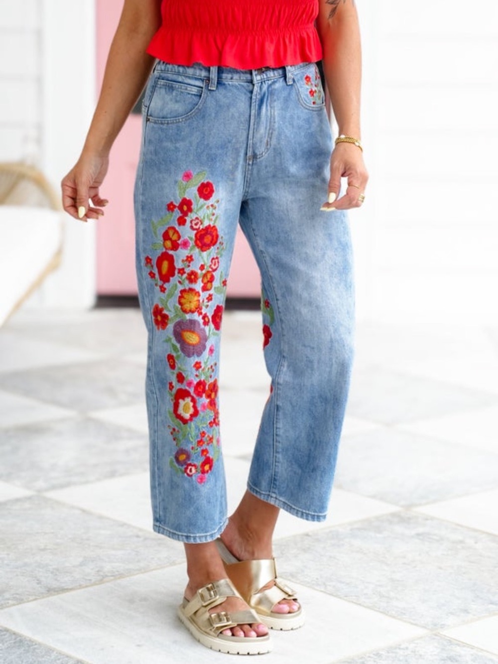 Oli & Hali Light Wash Ankle Jeans with Red & Pink Floral Embroidery